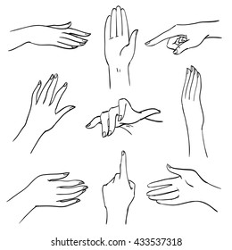 Set of hands and fingers in different positions and gestures, graphic sketch lines and strokes, black and white body part for illustrations, design diagrams and instructions, isolated vector objects