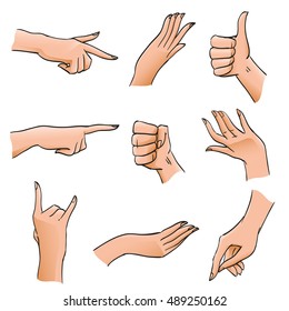 Set of Hands and Fingers in Different Positions and Gestures. Body Part angles deployed palm, fist, affirmative gesture for illustrations, design diagrams and instructions, isolated vector objects