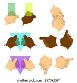 Set of hands and fingers Europeans and African Americans. You can use them to turn, as well as to insert into the hands of the objects used in the design and infographics. Vector illustration. EPS 10