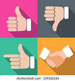 Set of hands with fingers on different backgrounds in flat vector illustration