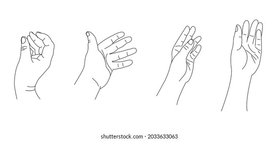 Conjunto de manos, dedos, palma, cepillo de manos, aislado sobre fondo blanco. Borde fino negro, imitación de un boceto, ilustración vectorial, eps 10.
