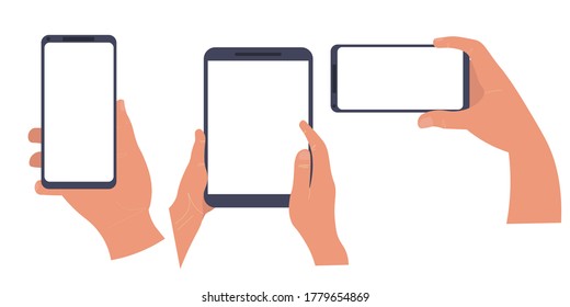 Set of hands with gadget phone and tablet. Watch video app and surfing internet concept for clip art. Illustration in flat style. 