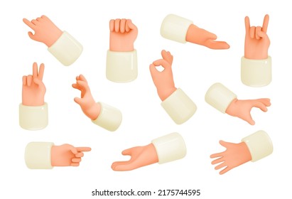 Set hands gesture icons. Palm, finger up, zero,ok,fist, victory, direction 3d emoji for media. Cartoon vector illustration.