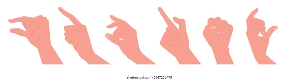 Set of hands gesture pointing, signaling, snapping, clenched fist isolated on transparent background