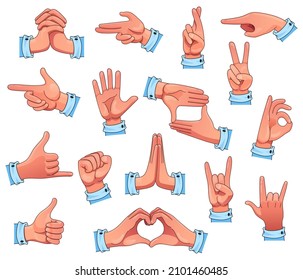 Set of hands gestures. Colorful vector isolated on white background.