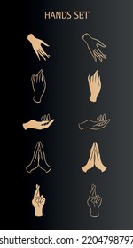 Set of Hands gestures in different positions, minimal line art vector illustrations. 