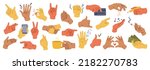 Set of hands gestures in doodle style isolated gesturing human arms. Vector man or woman hands showing peace sign, heart and money, handshake. Fingers with cigarette, pencil and bank card