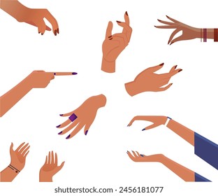 Set of hands gestures in doodle style isolated gesturing human arms. Vector man or woman hands showing peace sign, heart and money, handshake. Fingers with cigarette, pencil and bank card