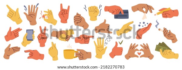 Set of hands gestures in doodle style isolated\
gesturing human arms. Vector man or woman hands showing peace sign,\
heart and money, handshake. Fingers with cigarette, pencil and bank\
card