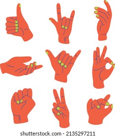 Set of hands gestures. Hand-drawn color flat graphic vector illustration, isolated on white background