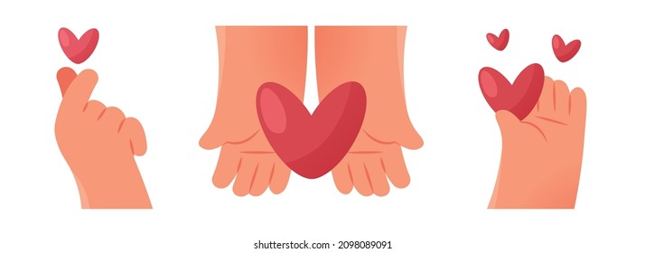 Set of hands and gestures with hearts. Finger heart gesture. Heart in the palms. Hand holds the heart. Love, sympathy or charity concept. 