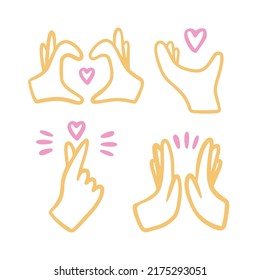 Set of hands with gestures. High five, Korean heart, like, love, two hands. Vector doodle hand drawn outline style.