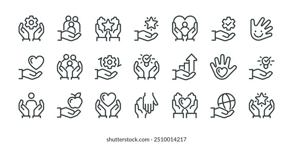 Set hands gestures holding hearts, arrows, gears, human symbol, planet, star and light bulb. line signs human palms and arms. Vector icons pack for web and app in outline style editable stroke.