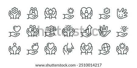 Set hands gestures holding hearts, arrows, gears, human symbol, planet, star and light bulb. line signs human palms and arms. Vector icons pack for web and app in outline style editable stroke.
