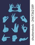 Set of hands gestures on a blue background. Making heart, OK sign, thumb up, measuring gesture, cupped hand, fist. Vector illustration