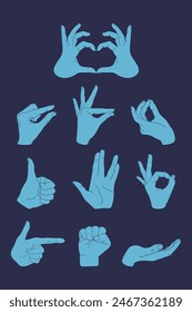 Set of hands gestures on a blue background. Making heart, OK sign, thumb up, measuring gesture, cupped hand, fist. Vector illustration