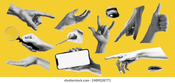 Set of hands gestures at the popart style and halftone effect on the bright yellow background. Trendy zine dadaizm elements isolated as a png. Vintage white and black retro collection