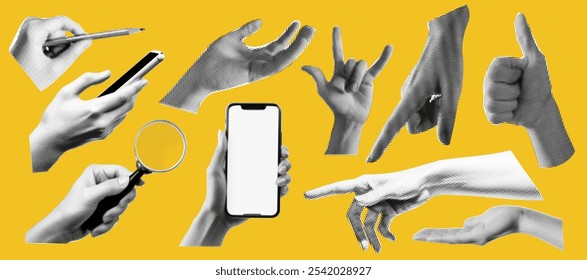 Set of hands gestures at the popart style and halftone effect on the bright yellow background. Trendy zine dadaizm elements isolated as a png. Vintage white and black retro collection.