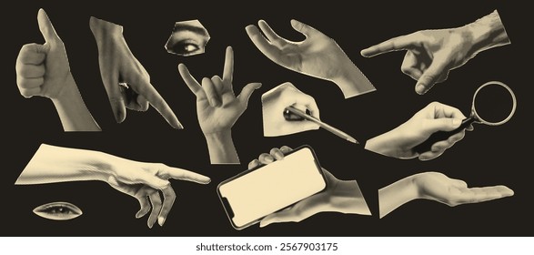 Set of hands gestures at the popart style and halftone effect on the transparent grid background. Trendy zine dadaizm elements isolated as a png. Vintage white and black retro collection.