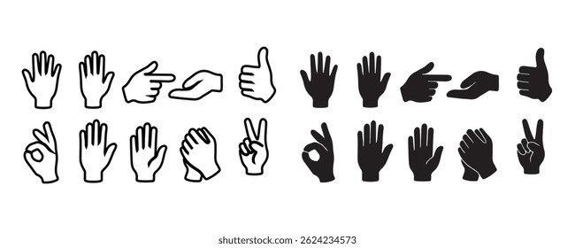 Set of hands Gestures and Poses in Line And silhouette vector with white background