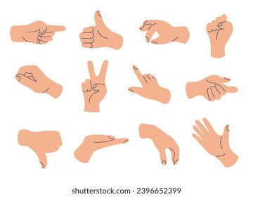 Set of hands gestures symbols in a trendy flat style. Communication emoji. Vector hand drawn doodle icons isolated on white background.