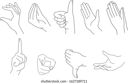 Set of hands gestures. Various gestures realistic hands. Vector illustration. Isolated on white background