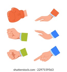Set Of Hands Gesturing, Pointing With Index Finger, Fist And Open Palm, Boxing Glove Isolated On White Background