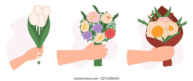 Set of Hands Giving Flower Bouquets Isolated on White Background. Gift for Holiday, Man or Woman with Blossoms, Love, Romance Present, Anniversary or Birthday Celebration. Cartoon Vector Illustration