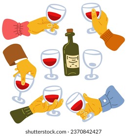 A set of hands with glasses of wine, a bottle. A man and a woman with glasses of wine in different poses. Cartoon vector flat illustration glass in hand tasting, celebrating, celebrate, check out
