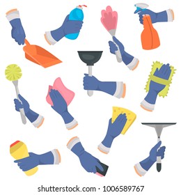 Set of hands in a glove with different tools for cleaning color flat icons set
