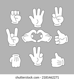 Set of hands with gloves in retro style. Cartoon hands with different gestures in white gloves. Vector illustration.