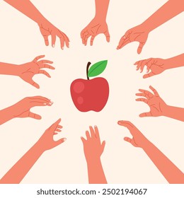 Set of hands grabbing colletion, concept illustration with many hands reaching out to bright red apple, Hands Rushing to Grab apple Vector Cartoon Illustration. Greedy arty guests reaching for fruit.