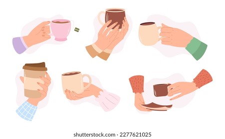 Set of Hands Grasp Warm Mugs Filled With Steamy Beverages, Concept of Comfort And Coziness For Marketing Products Related To Coffee, Tea Or Hot Chocolate. Cartoon Vector Illustration, Icons