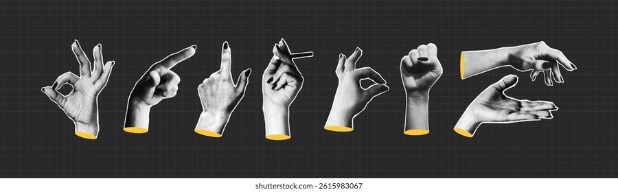 Set of hands with halftone effect. Female collage hands with different gesture. Collage halftone elements for banner, poster and social media. Vector illustration.