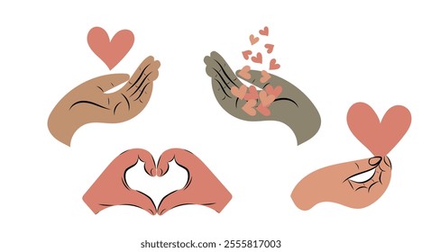 Set of hands with heart in doodle style isolated human hands. Vector different man woman hands showing love sign, Valentine's Day