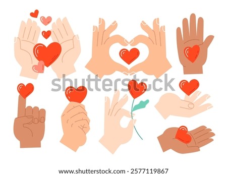 Set of hands with hearts in doodle style. Love, friendship, charity and donation. Vector illustration isolated on white background. Elements for sticker pack, banner, card.