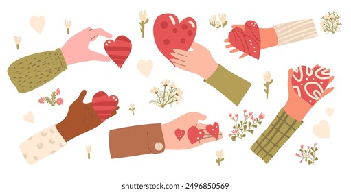 Set of hands with hearts shape. Palms with charity and kindness symbols kit. Vector hand drawn collection illustration isolated on white background.