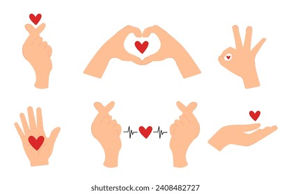 Set of hands with hearts for Valentine's Day. Support, love relationship concept. Vector graphics