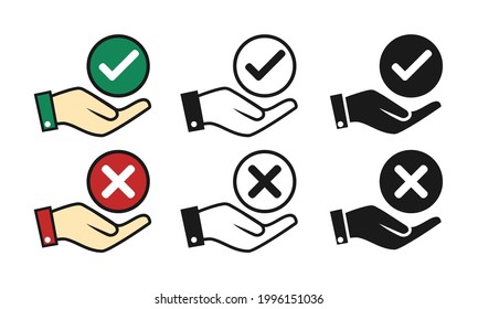 Set of hands hold checkmark and cross sign. Illustration vector