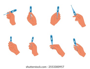 Set with hands hold electronic thermometer  for accurate fever detection. Health checkup concept