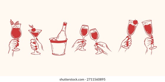 Set of hands hold glasses with wine or champagne. Cheers or drinking toast drawing. Line drawing of people celebrating. Vector illustration. 