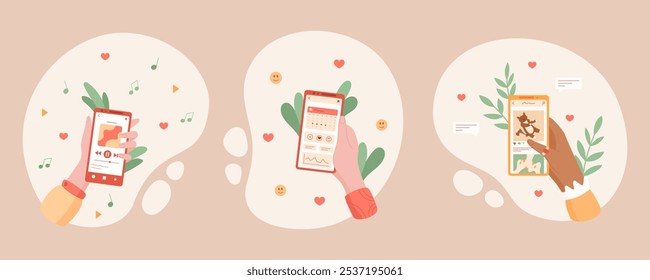 Set of hands hold smartphone app displaying social media gestures. Character showcases modern digital communication, flat design, ideal for social interaction and online platforms.