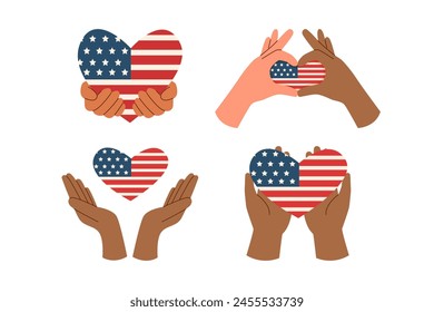 Set of hands holding american flag in the shape of heart. Memorial day and Independence day concept. Vector flat illustration.