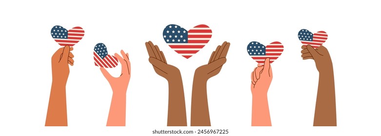 Set of hands holding american flag in the shape of heart. Memorial day and Independence day concept. Vector flat illustration.