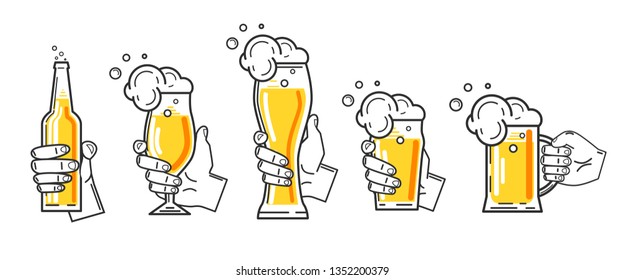 Set of hands holding the beer glasses isolated on white. Vector illustration.
