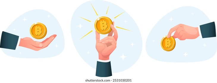 Conjunto de manos que sostienen Bitcoin, dedos que sostienen la criptomoneda