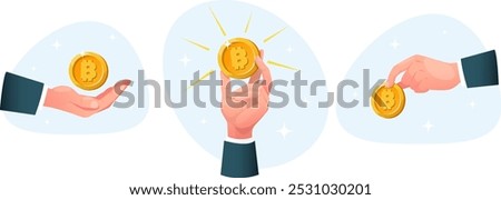 set of hands holding bitcoin coin, fingers holding cryptocurrency