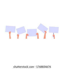 Set of hands holding blank banners and pieces of paper