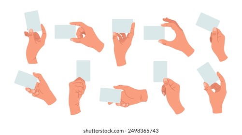 Set with hands holding a blank card. Cartoon flat vector illustration isolated on white