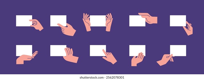Set with hands holding a blank sheet of paper. Flat color illustration.